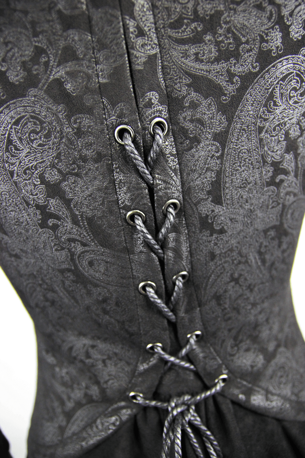 Detailed view of the embossed gothic coat's laced back design, showcasing elegant patterns and high-quality craftsmanship.