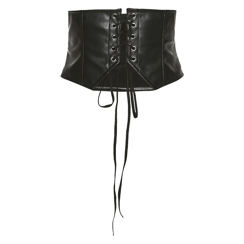 Black Faux Leather Waist Corset Belt / Stylish Women's Underbust Belt with Criss-Cross Lace-Up