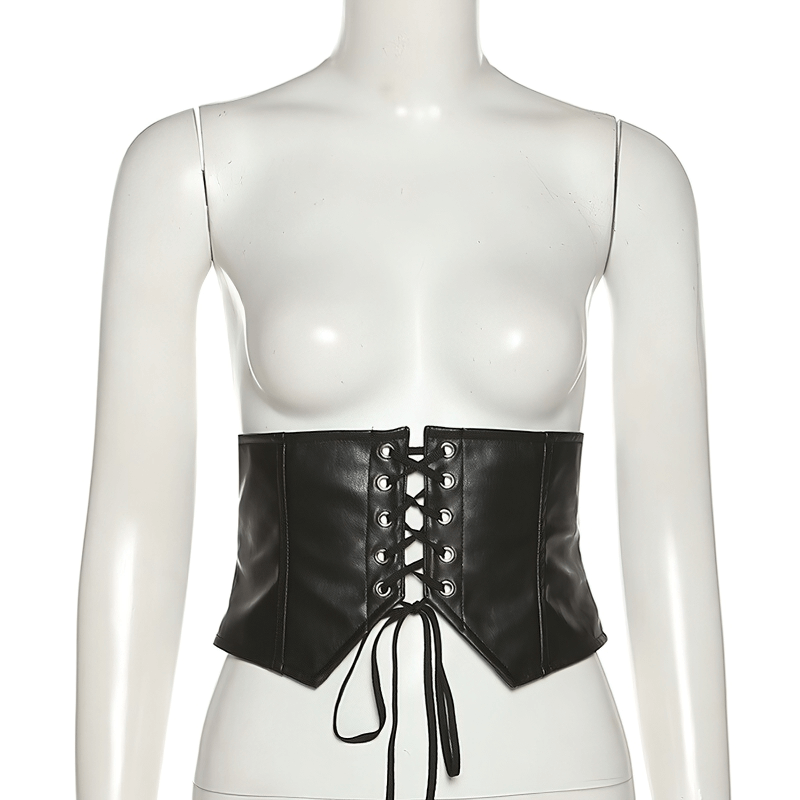 Black faux leather waist corset belt with criss-cross lace-up design for stylish women's casual outfits.