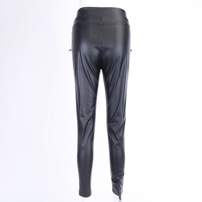 Black Faux Leather Women's Pencil Pants / Lace-Up High Waisted Skinny Trousers With Zippers - HARD'N'HEAVY