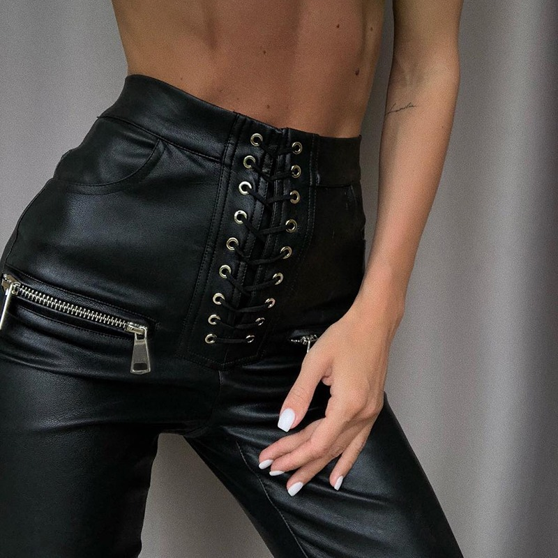 Black Faux Leather Women's Pencil Pants / Lace-Up High Waisted Skinny Trousers With Zippers - HARD'N'HEAVY