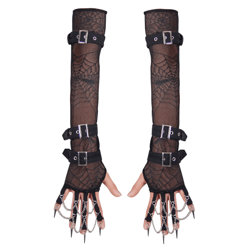Black Fishnet Fingerless Gloves with Spider Web / Gothic Mesh Long Gloves With Straps and Chains - HARD'N'HEAVY