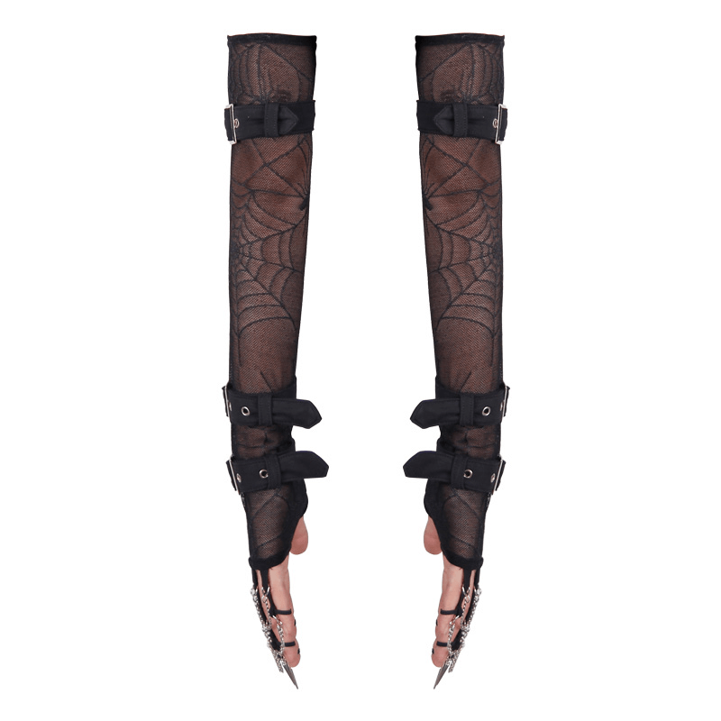 Black Fishnet Fingerless Gloves with Spider Web / Gothic Mesh Long Gloves With Straps and Chains - HARD'N'HEAVY