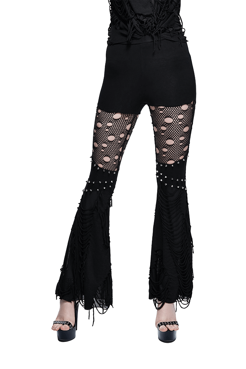 Women's black flared pants with shredded fabric and lace details, perfect for gothic fashion and edgy outfits.