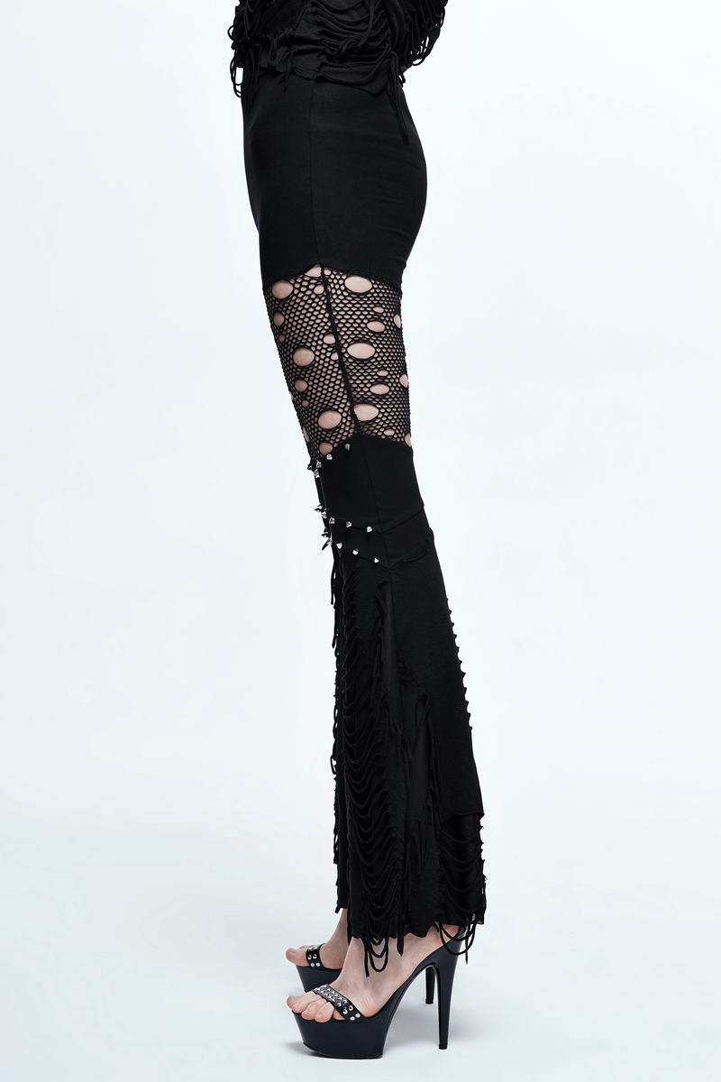 Black Flared Pants with Fabrics Shreds / Sexy Lace Hollow-Out Trousers / Ripped Skinny Pants - HARD'N'HEAVY