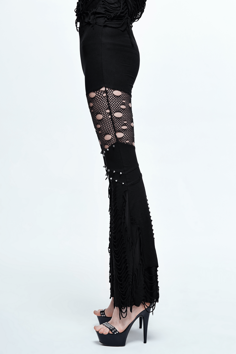 Side view of women's black flared pants with mesh and lace details, perfect for gothic fashion outfits.
