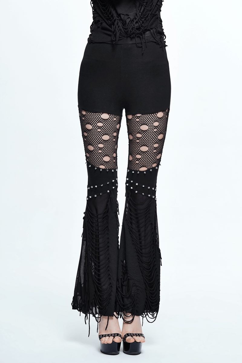 Stylish women's black flared pants with shredded fabric and lace inserts, perfect for gothic fashion outfits.
