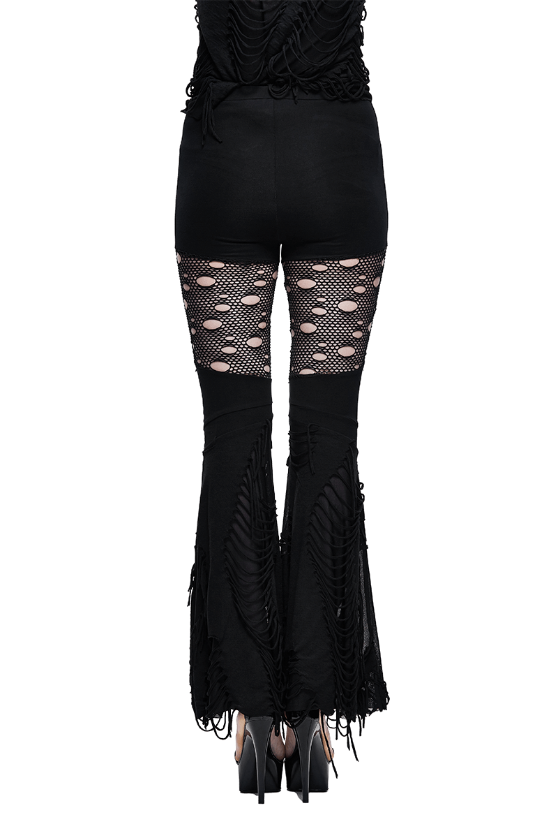Stylish women's black flared pants with torn mesh inserts, perfect for gothic fashion.