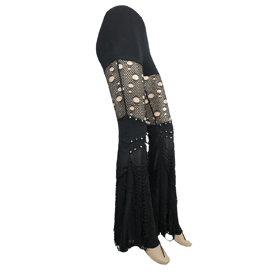 Black flared pants with lace hollow-out and ripped mesh details, ideal for gothic fashion enthusiasts.