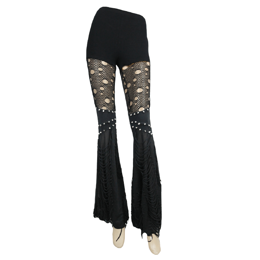 Women’s black flared pants featuring shredded fabric and lace inserts, perfect for gothic fashion styles.