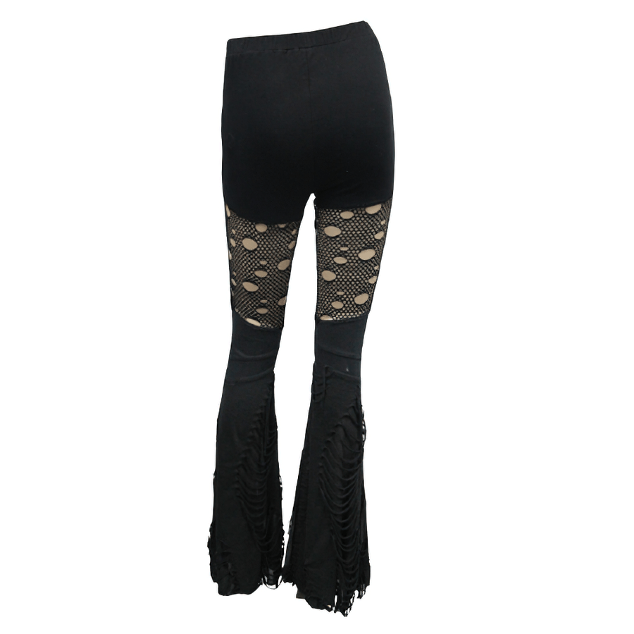 Black Flared Pants with Fabrics Shreds / Sexy Lace Hollow-Out Trousers / Ripped Skinny Pants - HARD'N'HEAVY