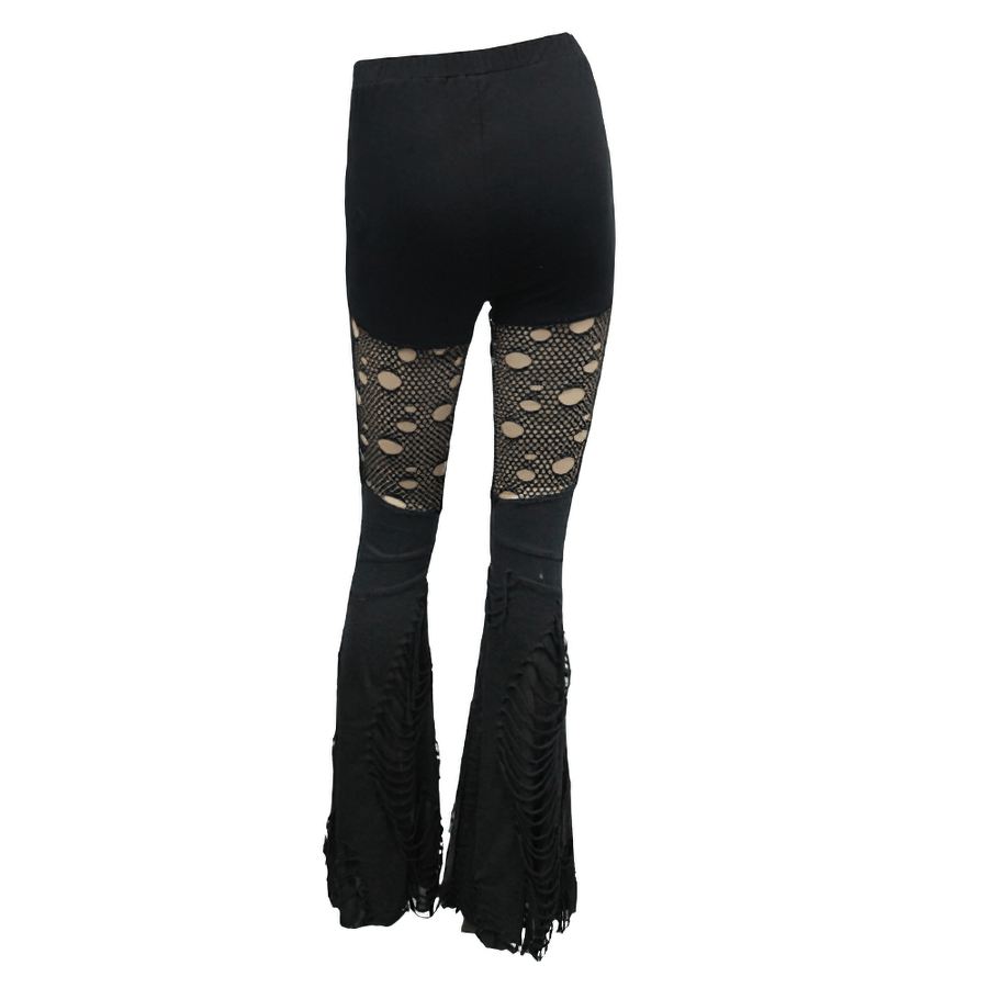 Women's black flared pants with ripped mesh inserts, perfect for gothic fashion and trendy outfits.