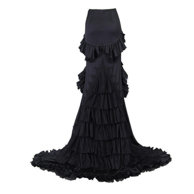 Black Frilled Skirt With Long Train / Gothic Elegant Fishtail Skirt with Lace Pattern - HARD'N'HEAVY