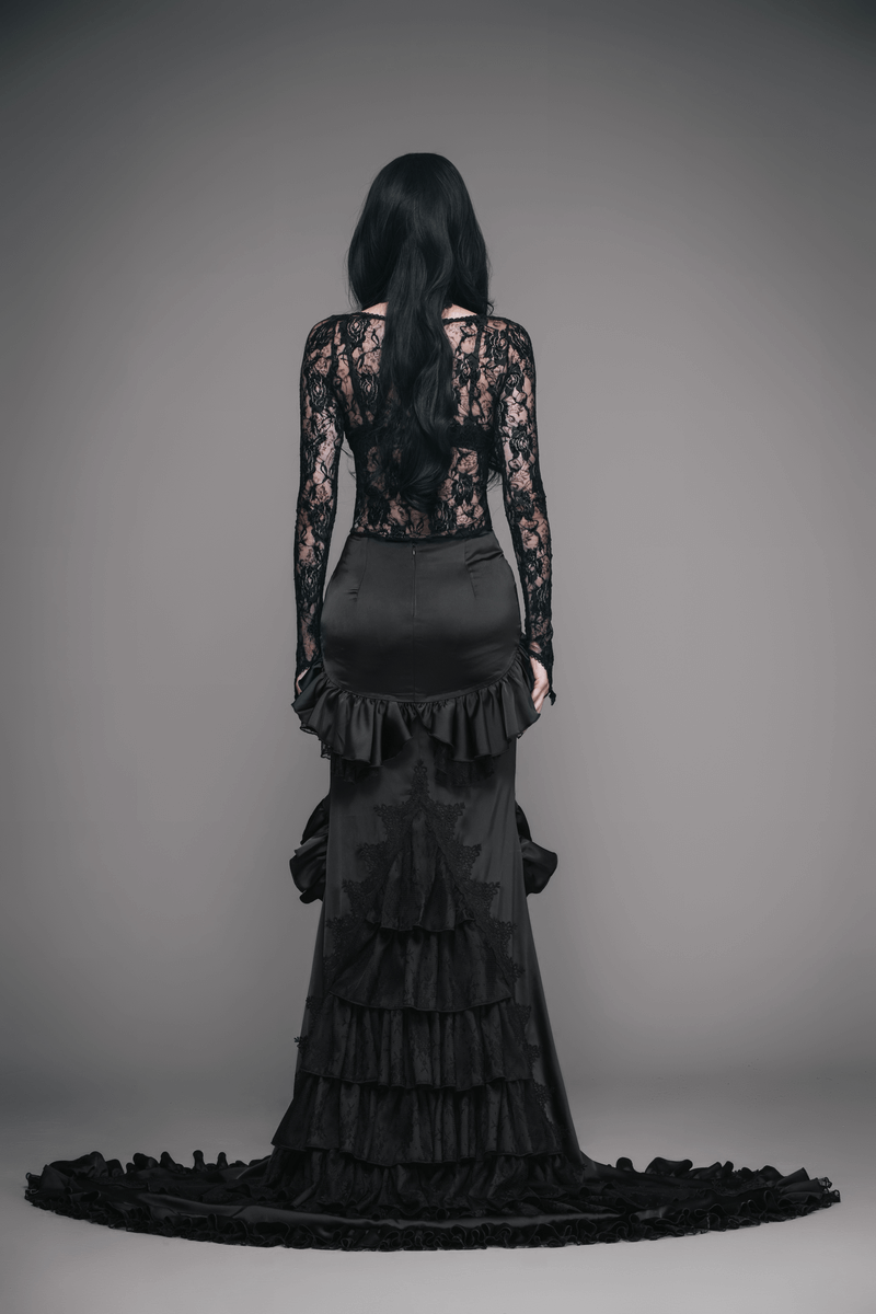 Black Frilled Skirt With Long Train / Gothic Elegant Fishtail Skirt with Lace Pattern - HARD'N'HEAVY