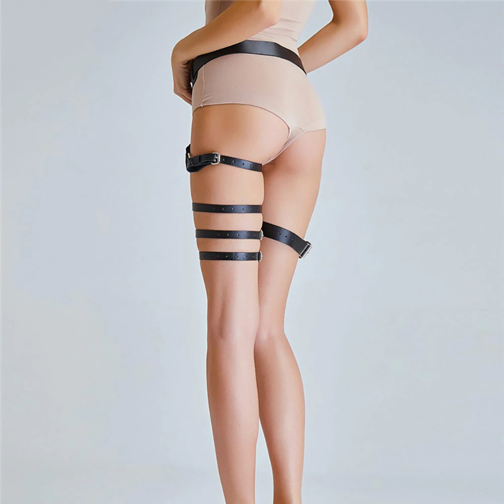 Black garter belt for women with PU leather straps, showcasing a stylish gothic Victorian body harness.