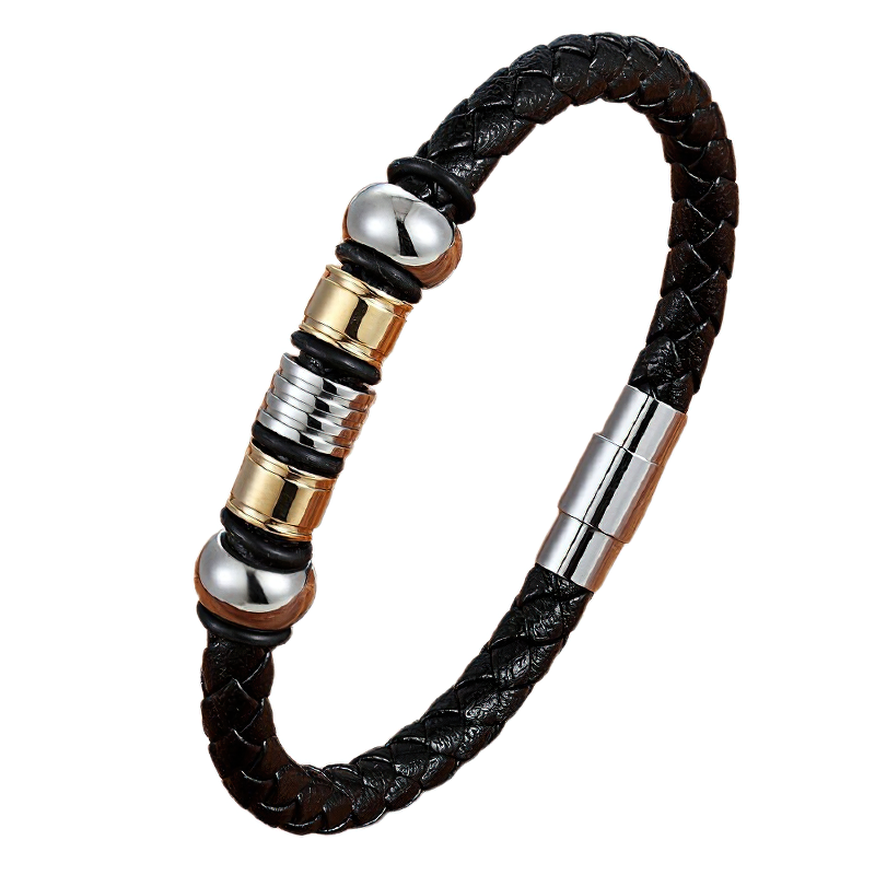 Black Genuine Leather Men's Bracelet / Stainless Steel Magnetic Clasp Bracelet - HARD'N'HEAVY