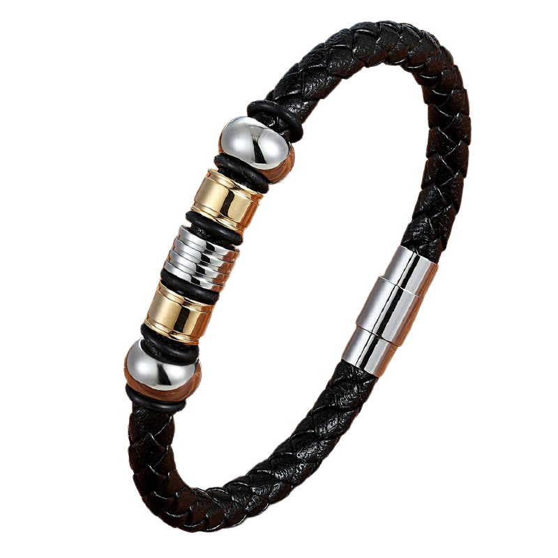 Black genuine leather men's bracelet with stainless steel magnetic clasp, stylish and comfortable for any outfit.