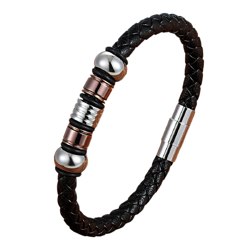 Stylish black genuine leather men's bracelet with stainless steel magnetic clasp, perfect for any outfit.