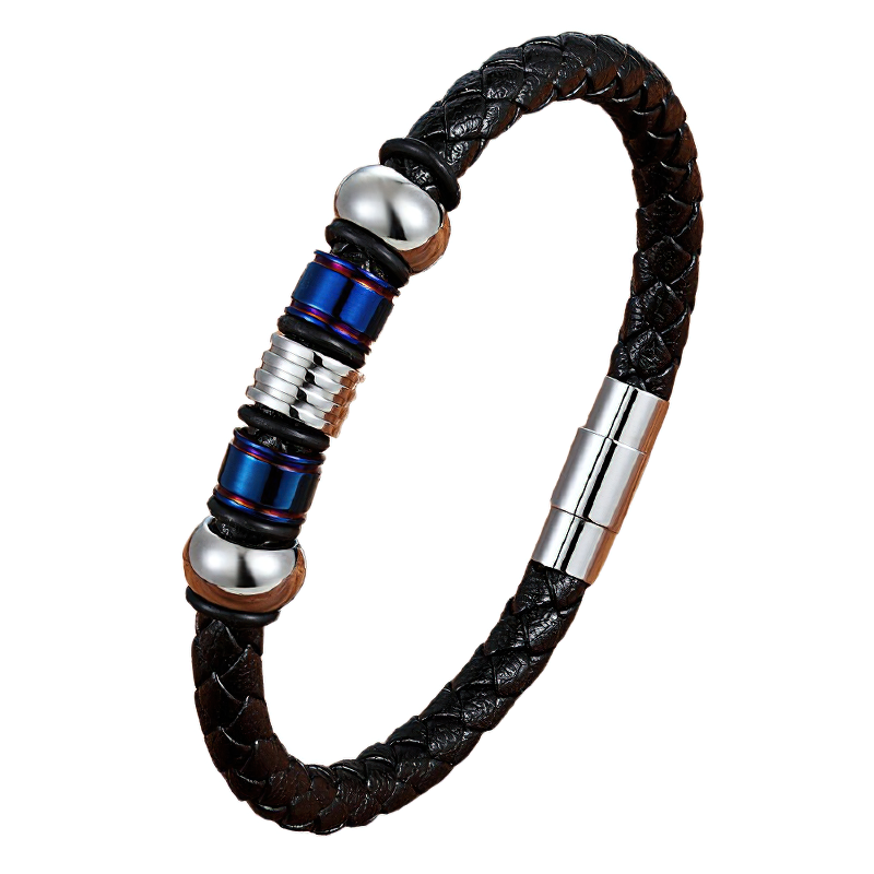 Stylish black genuine leather men's bracelet featuring stainless steel magnetic clasp and colorful charm accents.