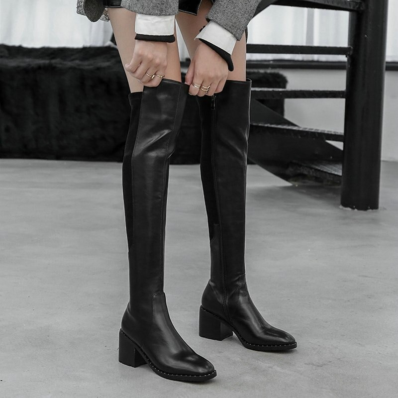 Black Genuine Leather Women's Boots with Round Toe / Leather Zip Knee High Shoes - HARD'N'HEAVY