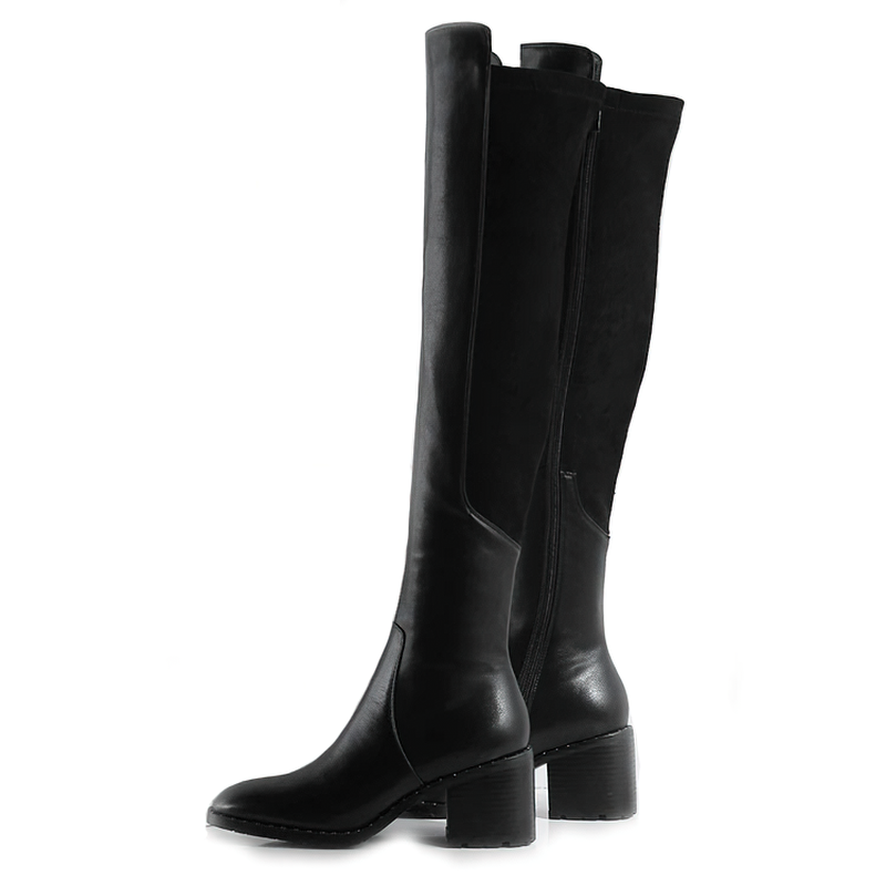 Black Genuine Leather Women's Boots with Round Toe / Leather Zip Knee High Shoes - HARD'N'HEAVY