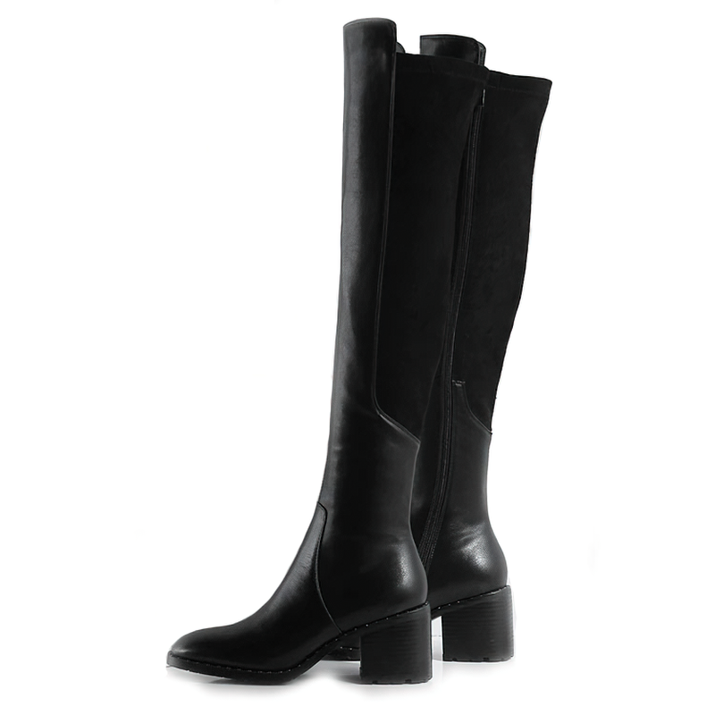 Black genuine leather women's knee-high boots with round toe and stylish design, perfect for casual elegance.