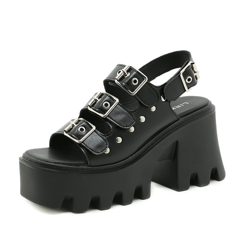 Black genuine leather women's sandals with buckles and rivets, stylish punk summer platform shoes.