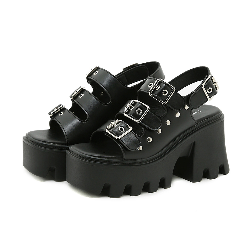 Black Genuine Leather Women's Sandals With Buckles And Rivets / Ladies Platform Summer Punk Shoes - HARD'N'HEAVY