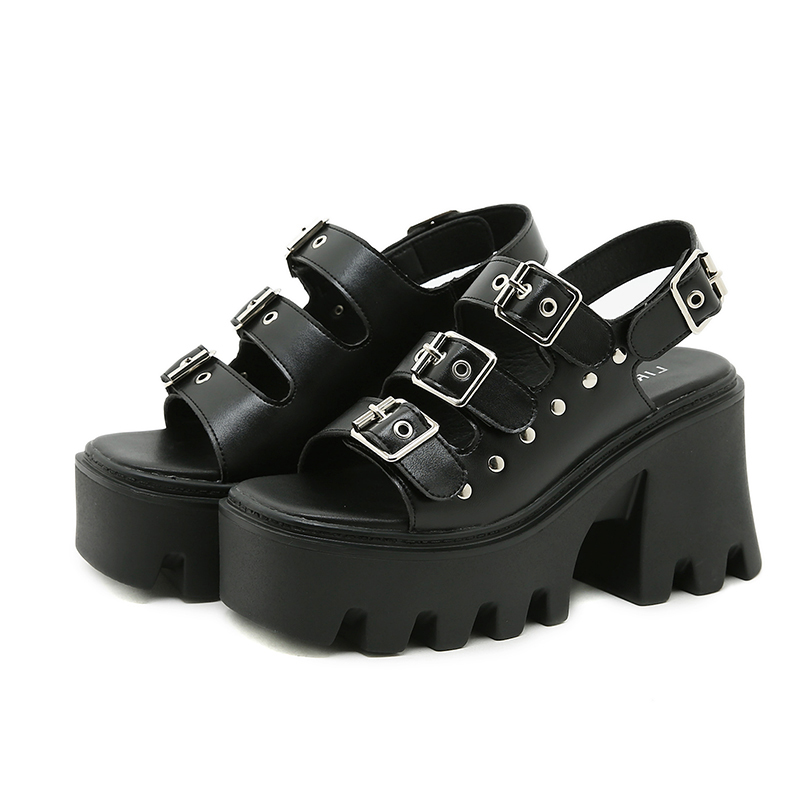 Black genuine leather women's sandals with buckles and rivets, stylish platform shoes perfect for punk-inspired outfits.