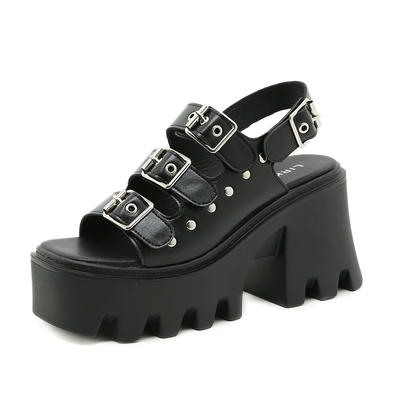 Black Genuine Leather Women's Sandals With Buckles And Rivets / Ladies Platform Summer Punk Shoes - HARD'N'HEAVY