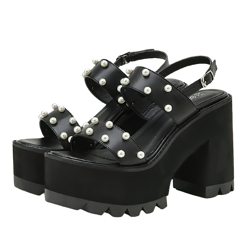 Black Women's Sandals With Rivet / Female Ankle Wrap Summer Shoes - HARD'N'HEAVY