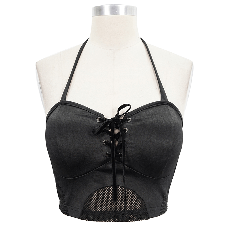 Elegant black gothic bikini top with lace-up neckline and mesh accents, perfect for stylish beach wear.