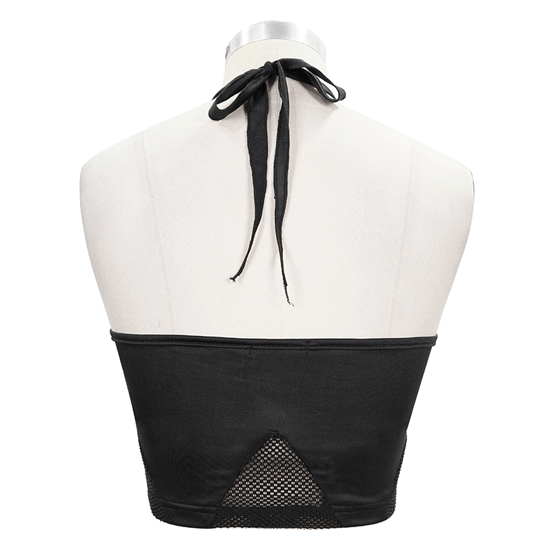Black gothic bikini top with lace-up neck and stylish mesh inserts, perfect for beach wear.