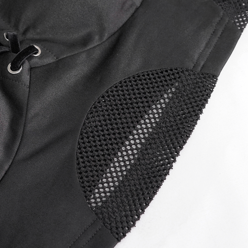 Close-up of black gothic bikini top featuring lace-up detail and stylish mesh inserts for a sexy beach look.