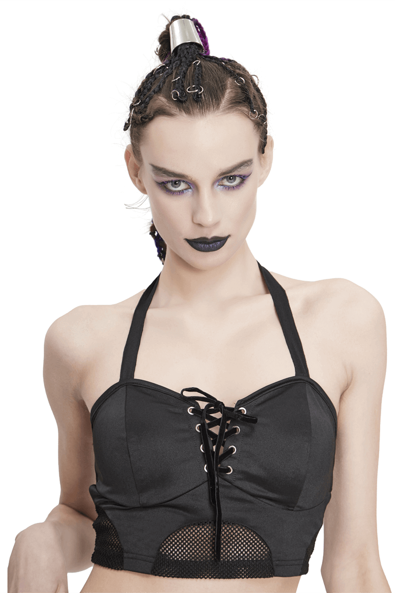 Women's black gothic bikini top with lace-up neckline and mesh inserts for stylish beach wear.