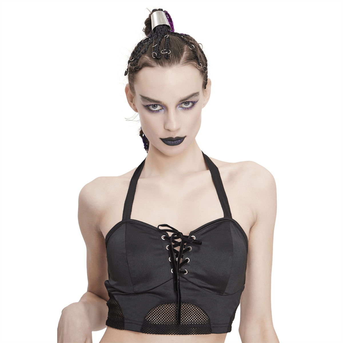 Black Gothic Bikini Top With Lace-up On Neckline / Women's Beach Wear - HARD'N'HEAVY