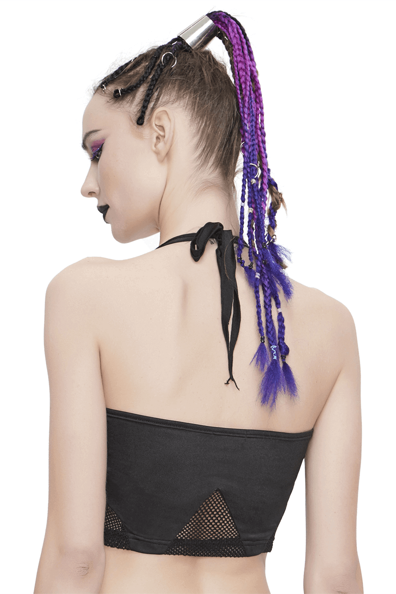 Back view of a woman in a black gothic bikini top with lace-up neckline and mesh inserts, showcasing stylish purple braids.