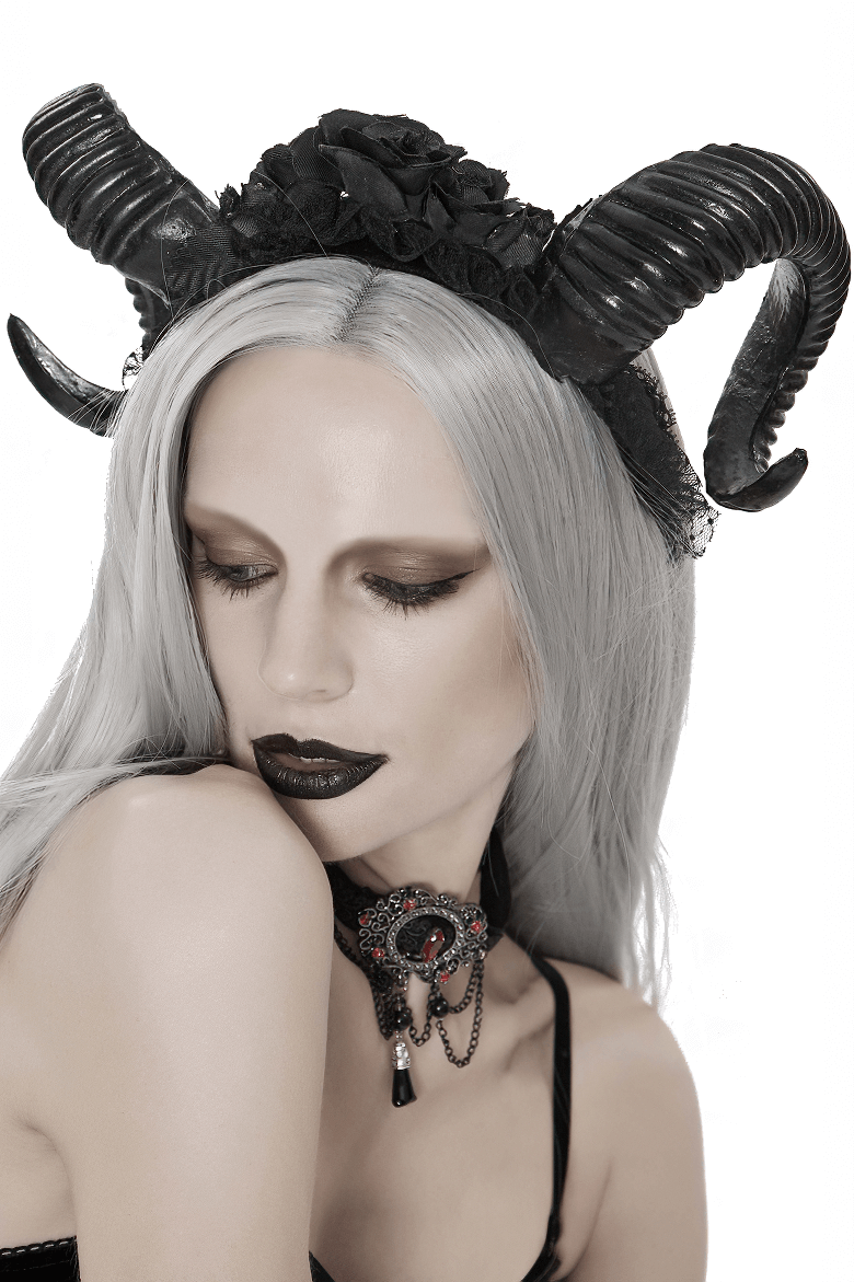 Stylish black gothic devil horn headdress with roses, perfect women's accessory for a unique and edgy look.