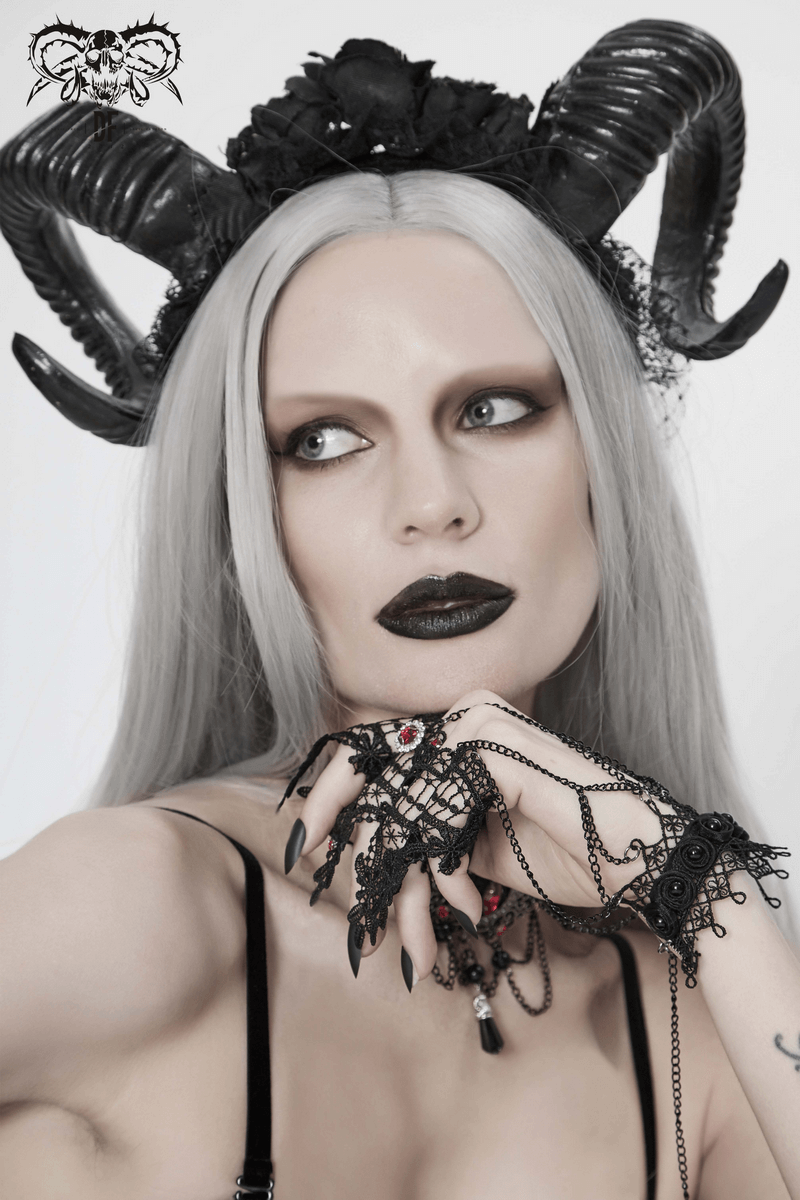 Black Gothic Devil Horn Headdress with roses worn by a model, showcasing gothic fashion and striking accessories.