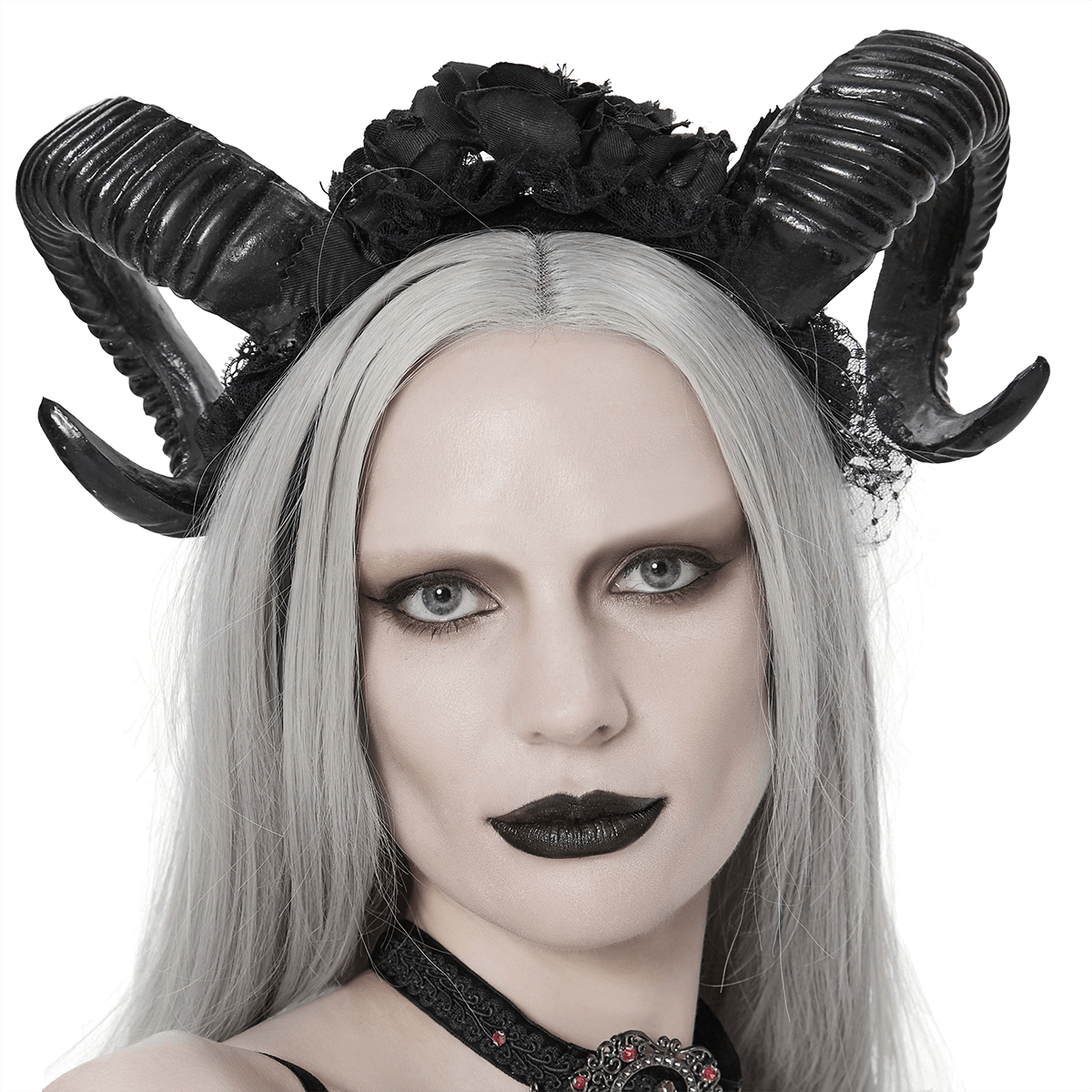 Black Gothic Devil Horn Headdress / Women's Hair Accessories with Roses - HARD'N'HEAVY