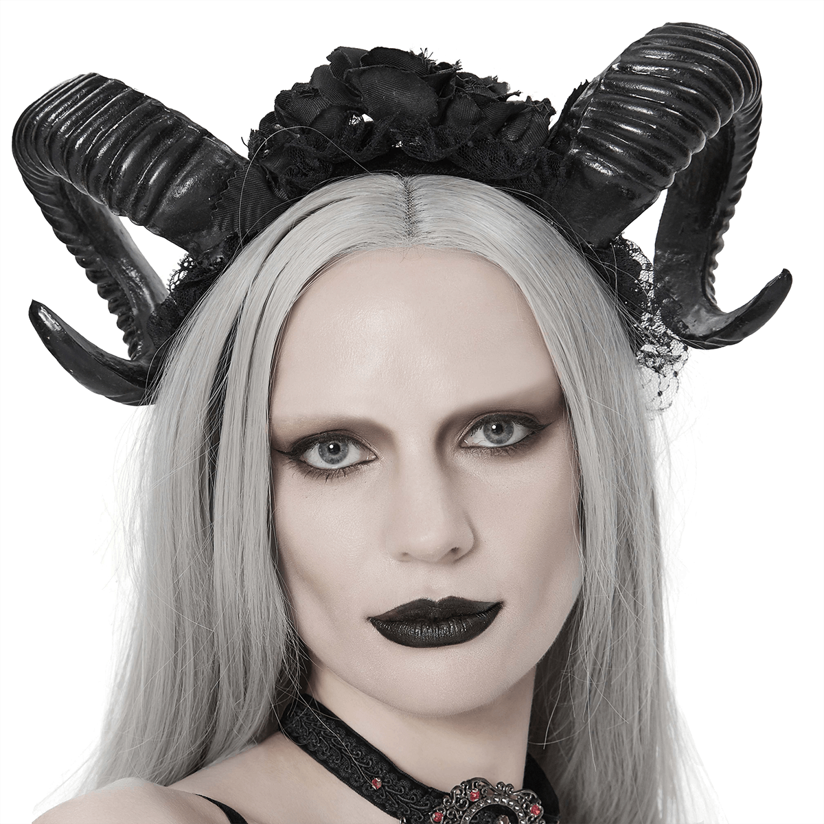 Black Gothic Devil Horn Headdress with Roses, stylish women's hair accessory for gothic fashion lovers.