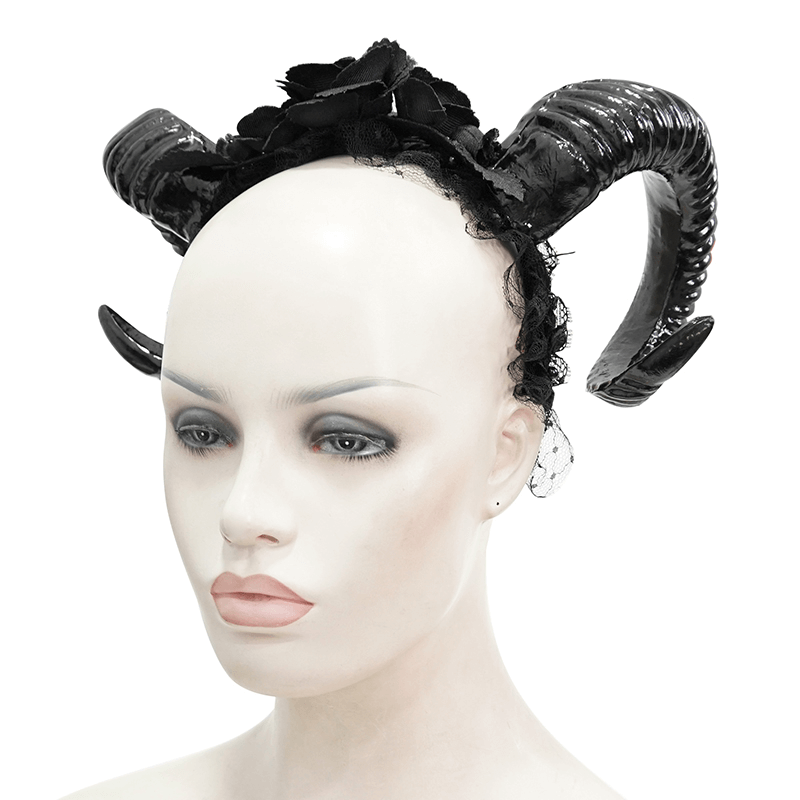 Black gothic devil horn headdress with roses, a stylish women's accessory for unique gothic fashion looks.