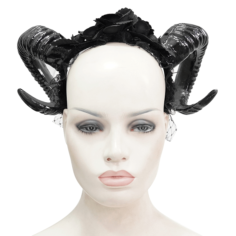 Black Gothic devil horn headdress with roses, perfect women's hair accessory for a striking gothic look.