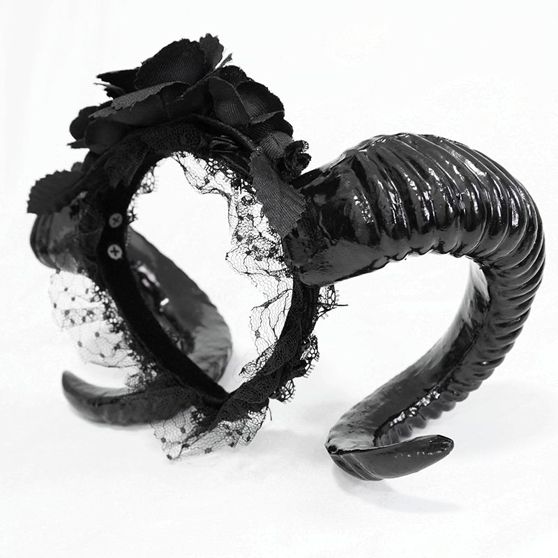 Black Gothic devil horn headdress with roses and lace for women's hair accessories.
