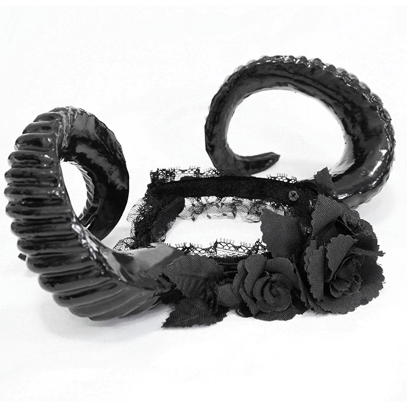 Black Gothic devil horn headdress with roses; stylish women's accessory for a unique gothic look.