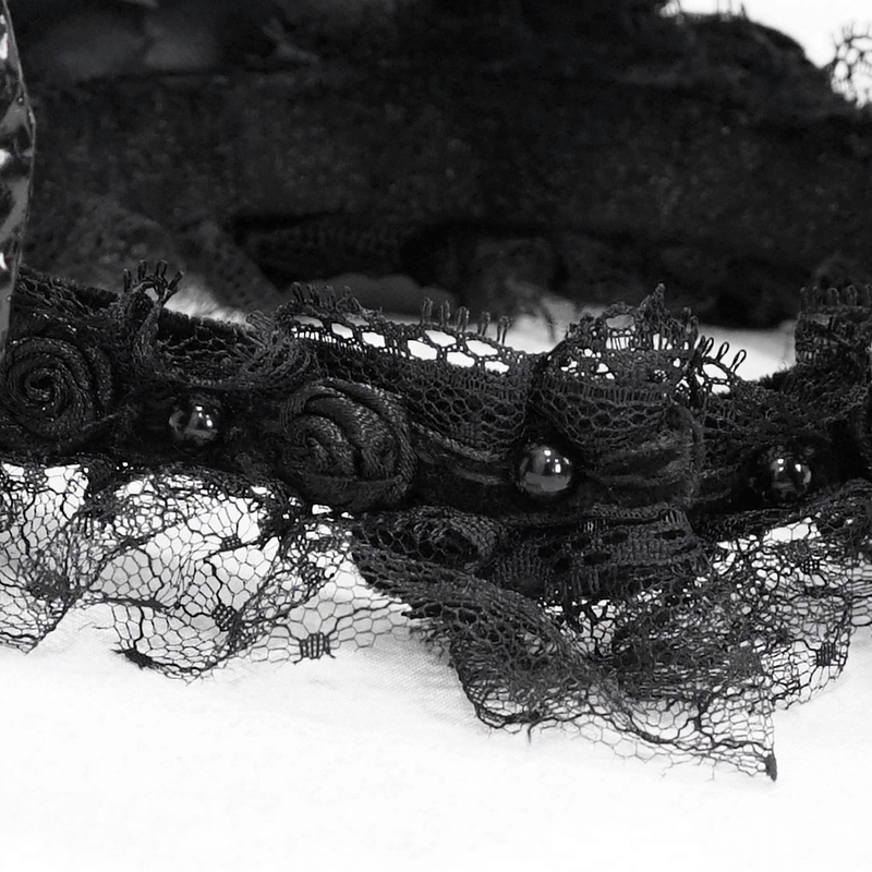 Black lace headdress trim with roses and beads, perfect for gothic fashion and accessories.