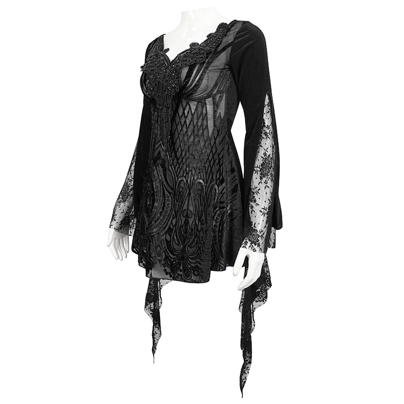 Elegant black gothic lace top with tasseled long sleeves for women, perfect for a stylish and luxurious look.