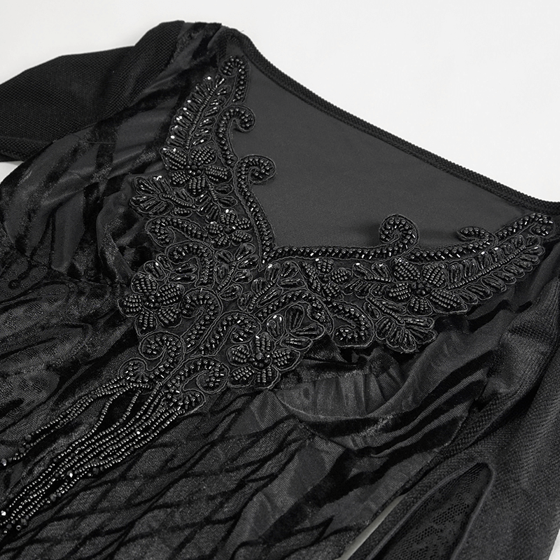 Elegant black lace top with intricate beaded detailing and long trumpet sleeves, perfect for gothic fashion lovers.