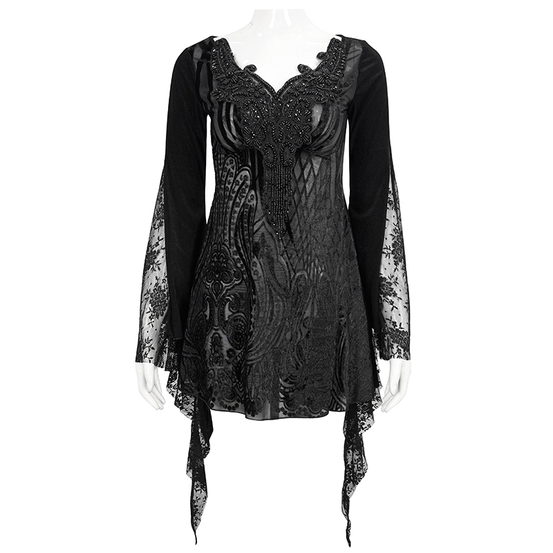 Elegant black gothic lace long sleeve top with tassels and intricate beading, perfect for adding a touch of luxury.