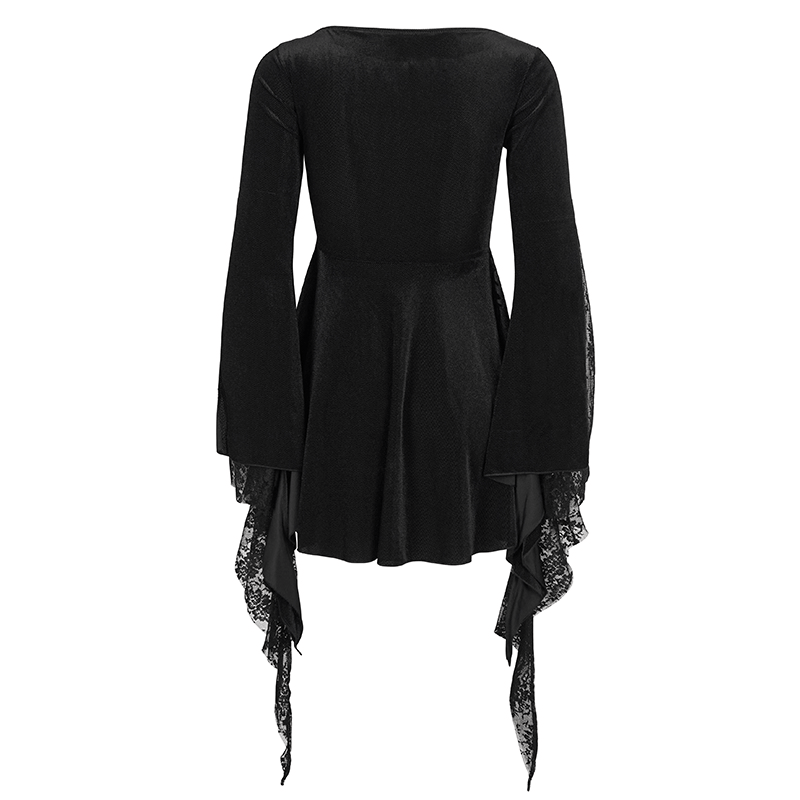 Back view of a black gothic lace top featuring long tasseled sleeves and a flared design for women.